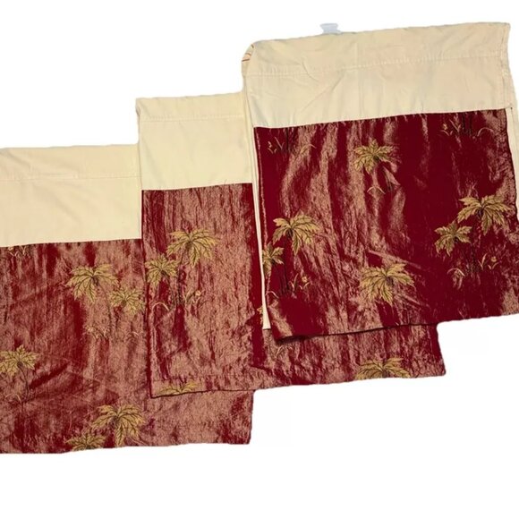 Set of 3 Luxury Curtains Drapes Tab Top Panels 92" Long Beige Red Border Hem - Picture 2 of 7